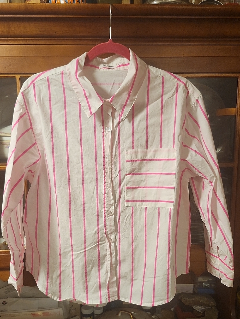Day And Moo. White Button-Up Shirt with Pink Stripes